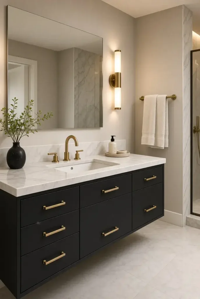 Gold bathroom lighting fixtures above a black vanity