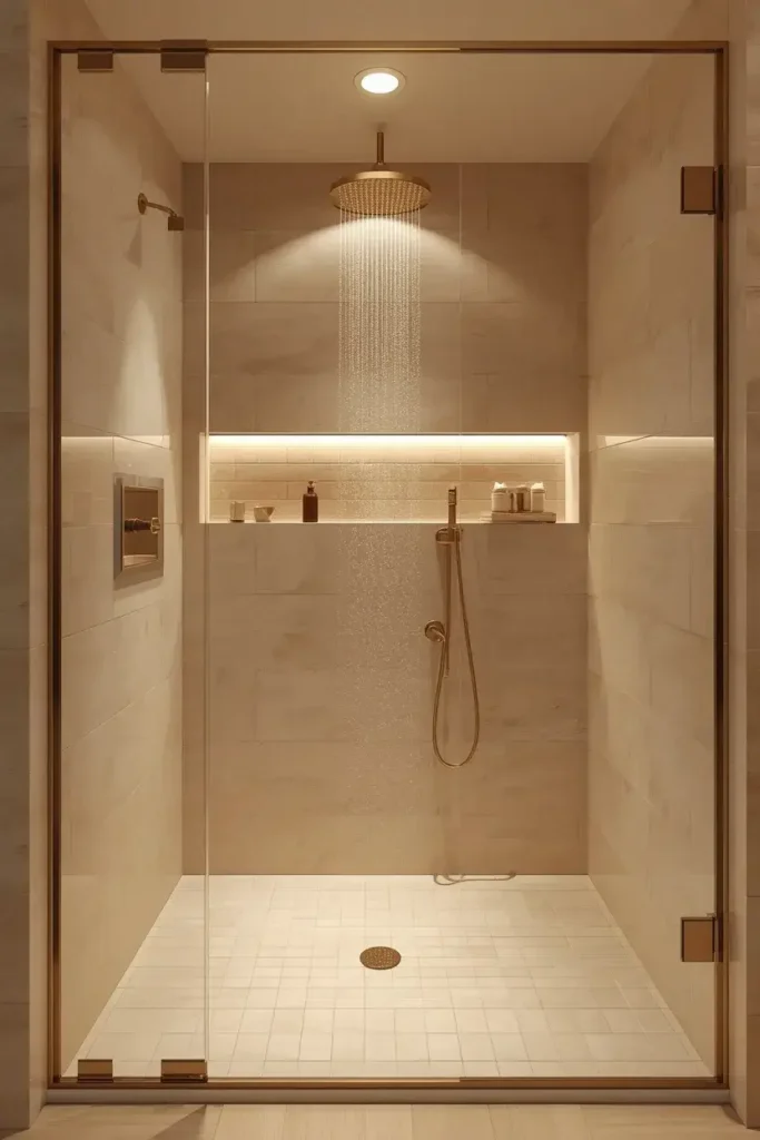 Small shower with a modern rainfall showerhead and spa-inspired design