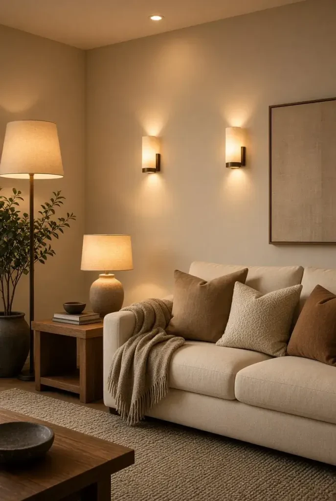 Cozy living room with layered warm lighting from floor lamp, table lamp, and wall lights