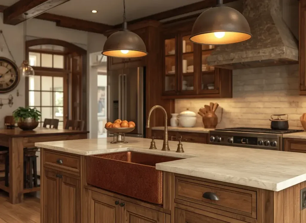 Copper sink with walnut kitchen island in a rustic kitchen