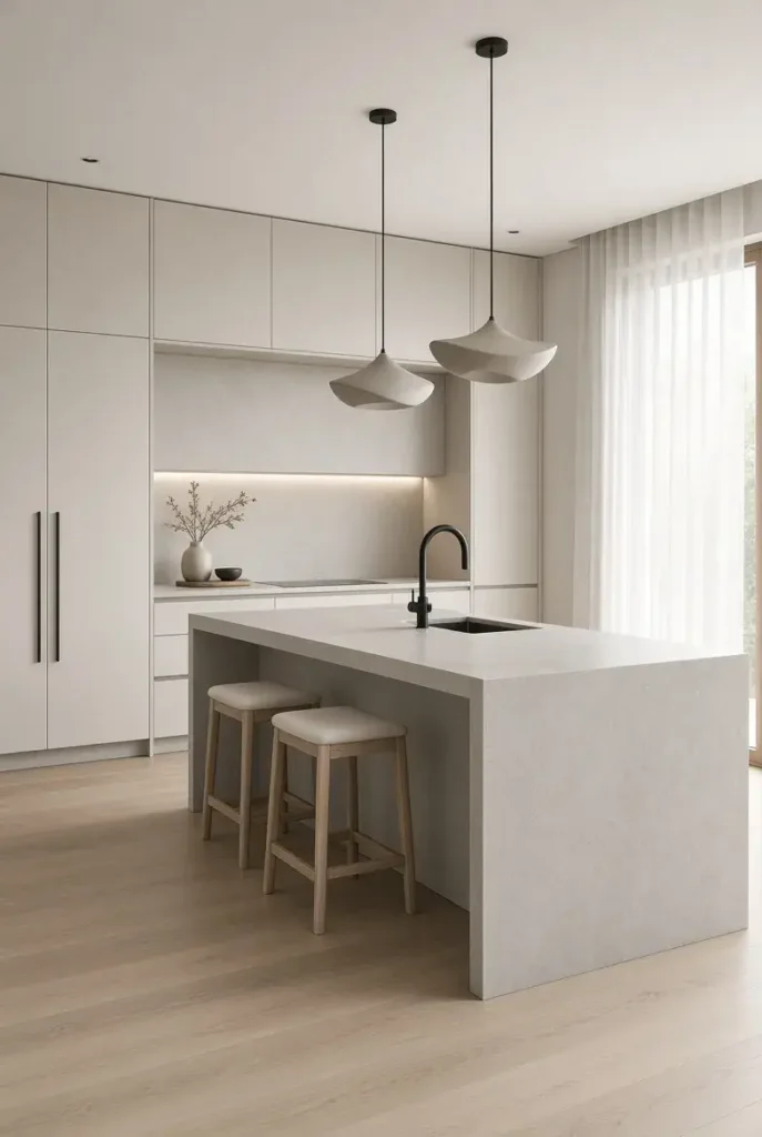 Minimalist waterfall island kitchen with clean lines and neutral cabinetry.