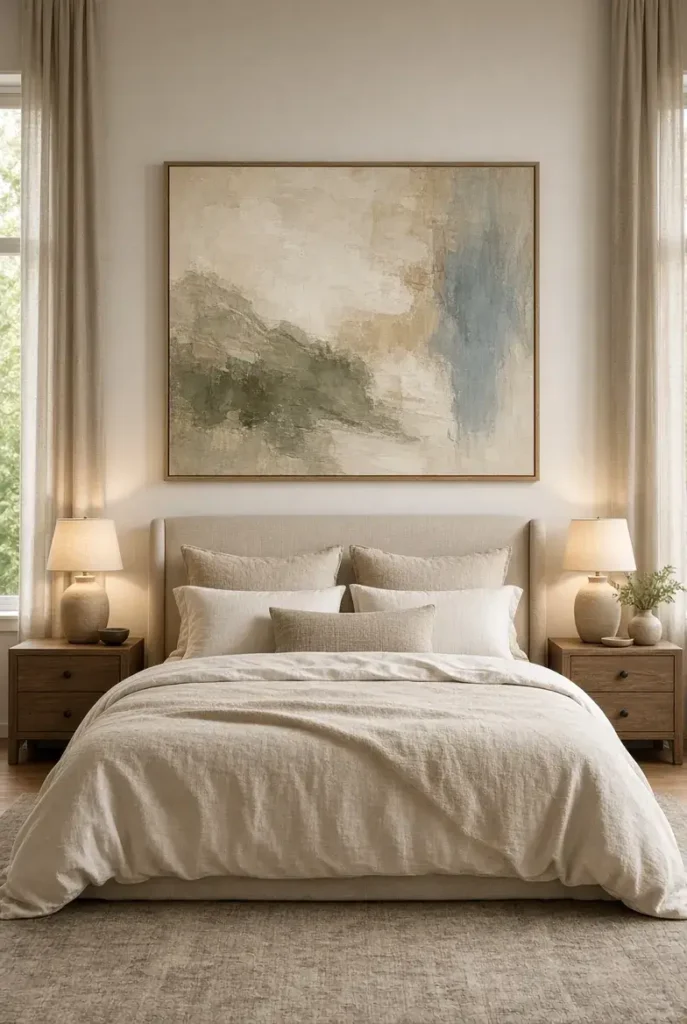 Large abstract artwork above a neutral bedroom bed