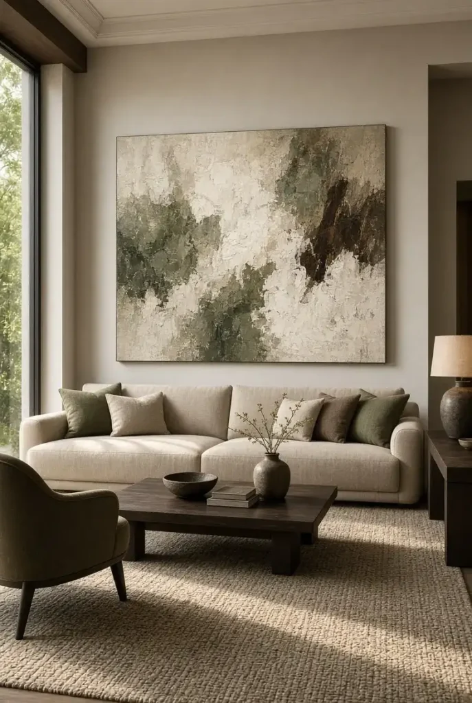 Oversized earthy abstract artwork creating a focal wall above a neutral living room sofa.