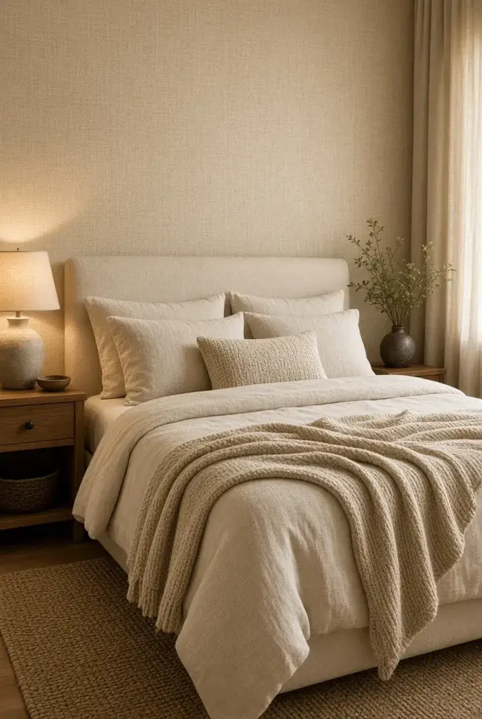 Cozy bedroom with textured beige wallpaper and layered neutral decor