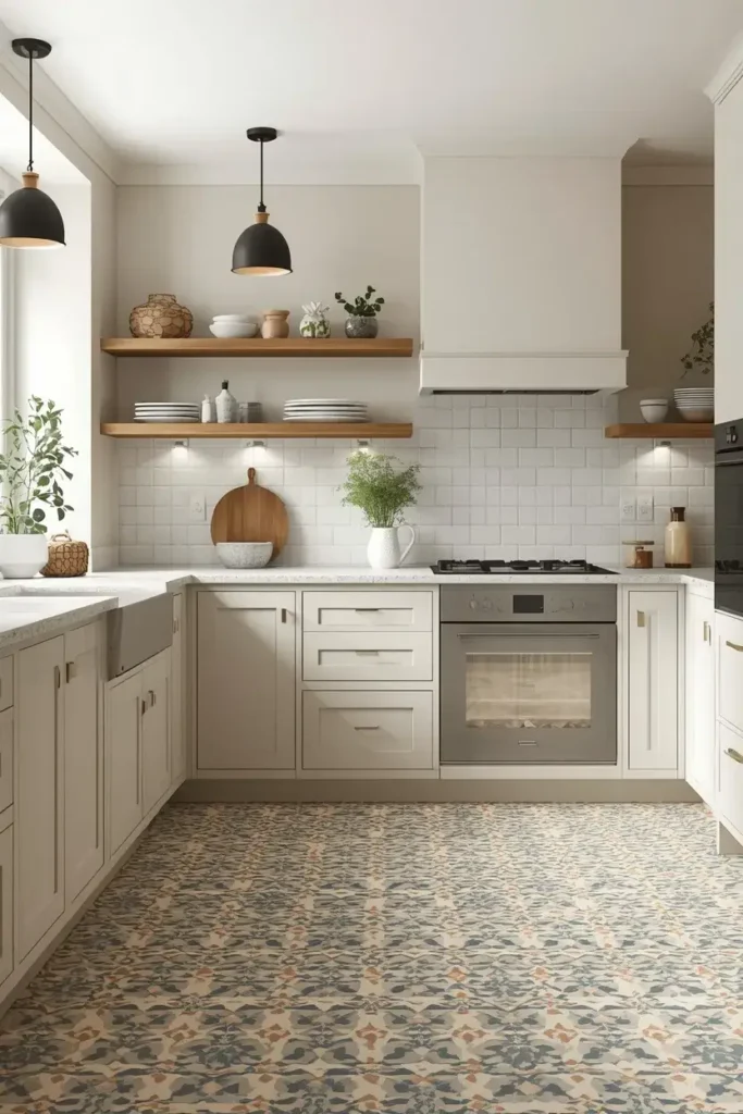 Patterned kitchen tile floor with geometric designs, neutral cabinets, and warm wooden accents