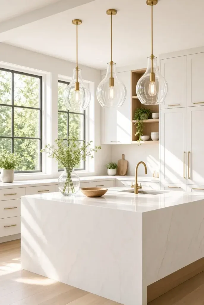 Black statement pendant lights over a white kitchen island