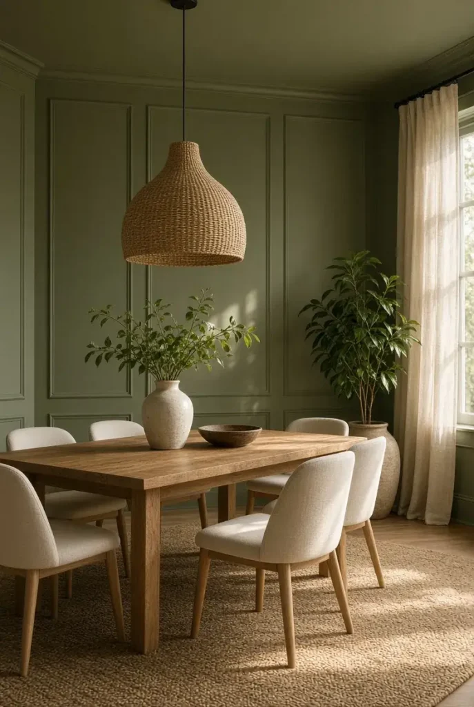 Soft olive green dining room with oak table, ivory chairs, and natural textures.