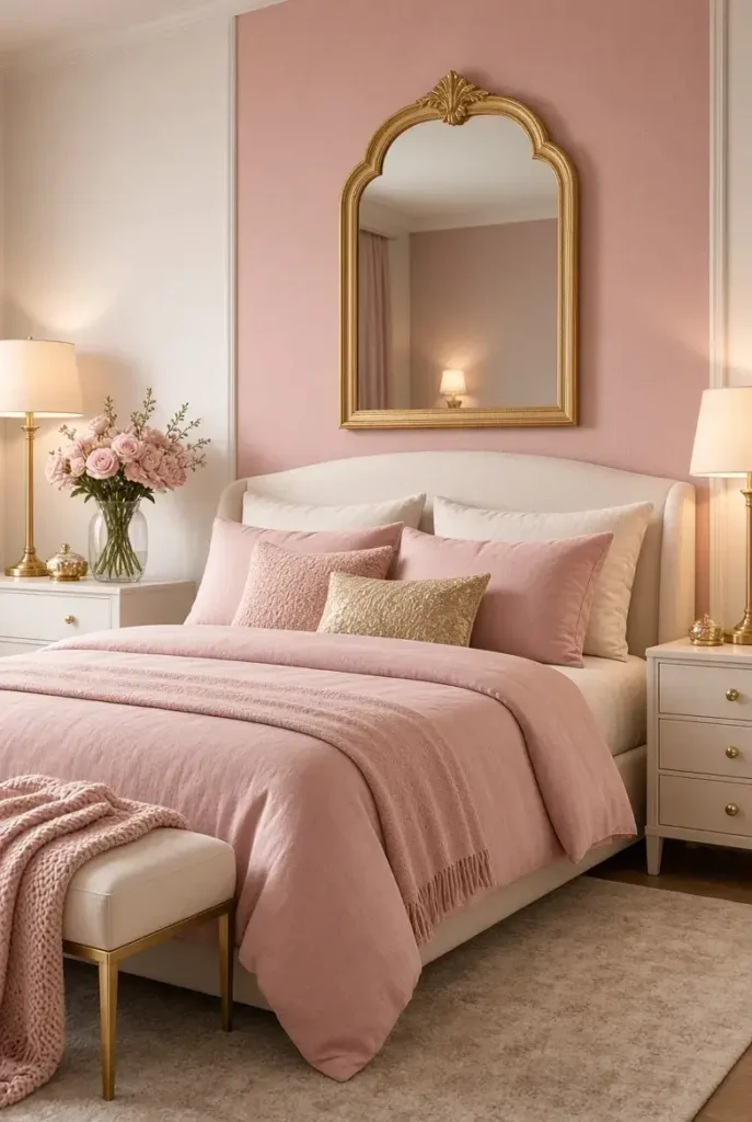 Pink and gold bedroom with dusty pink bedding, brass lighting, gold mirror, and cream furniture.