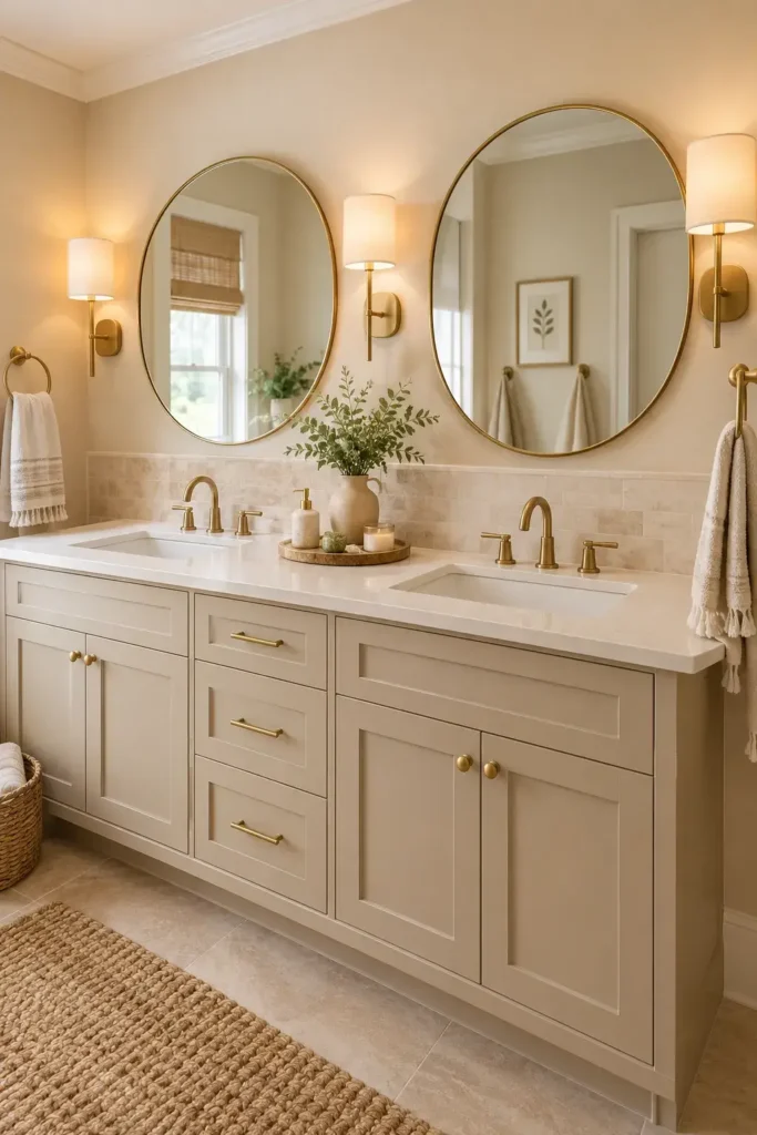 Soft beige double vanity with brass fixtures and cream countertop