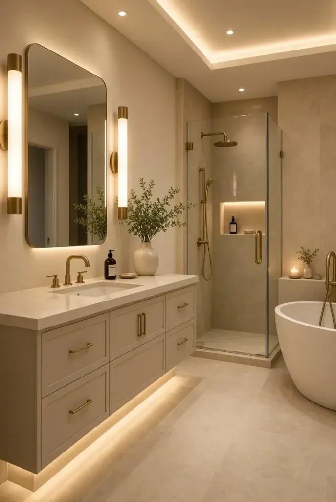 Layered warm lighting in an elegant primary bathroom