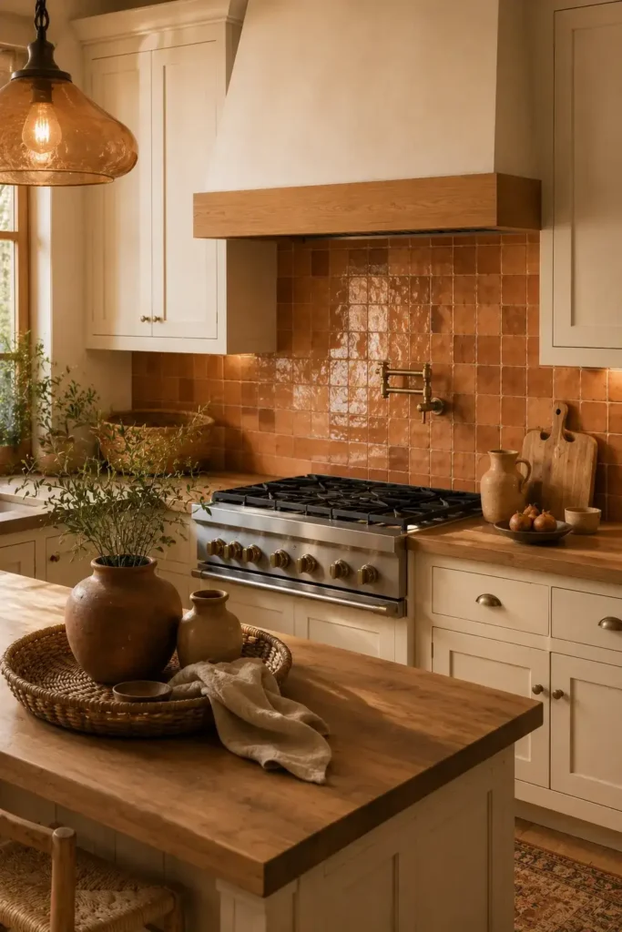 Warm terracotta tile backsplash in a cozy kitchen with cream cabinets and wood accents