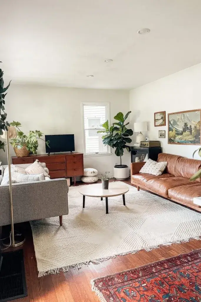Rugs used to define living and dining zones in an open-plan room