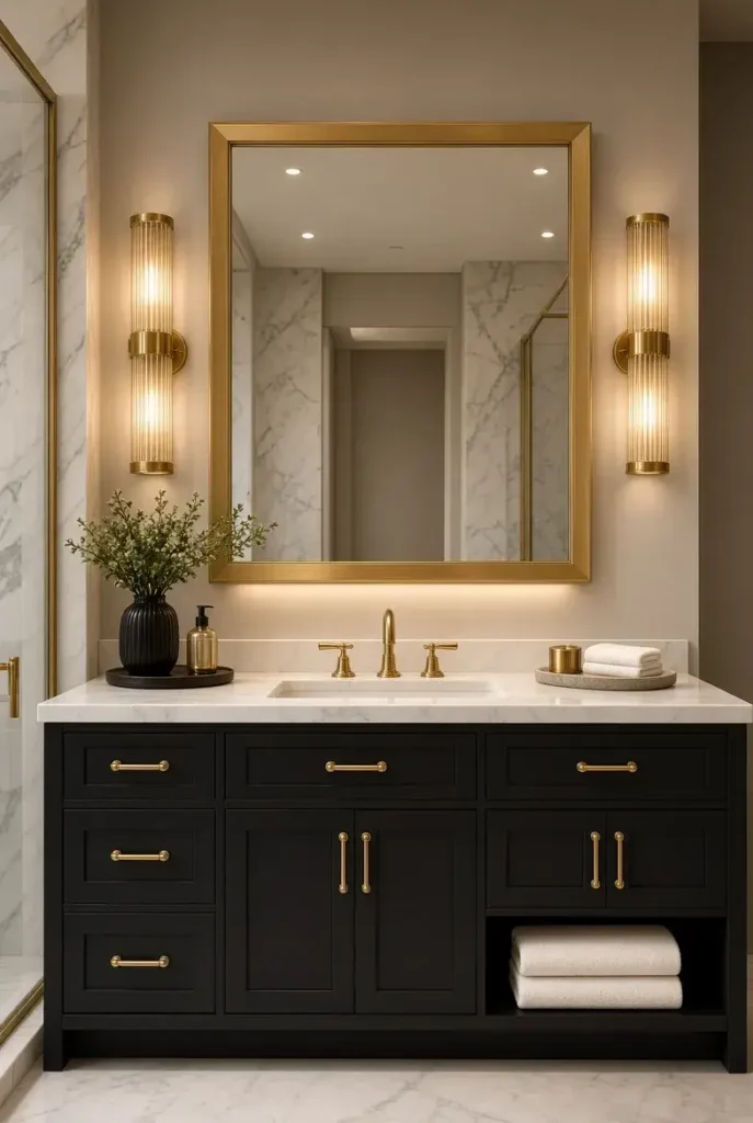 Black bathroom cabinets paired with white marble and gold fixtures