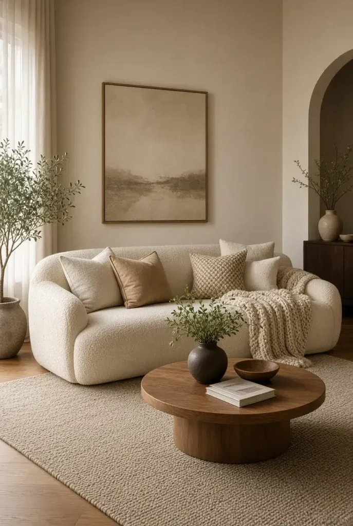 Comfortable cream sofa styled with textured cushions and a cozy throw in a living room