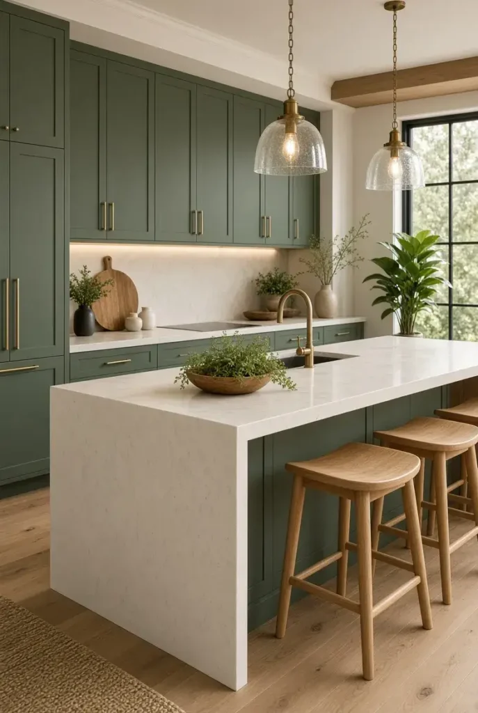 Sage green kitchen cabinets paired with a creamy stone waterfall island.