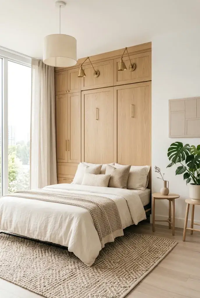 Minimal Scandinavian Murphy bed with pale wood and neutral decor