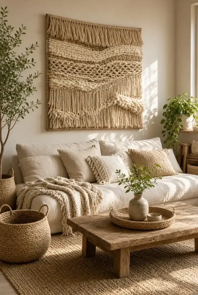 Woven wall art adding natural texture and warmth above a cream sofa.