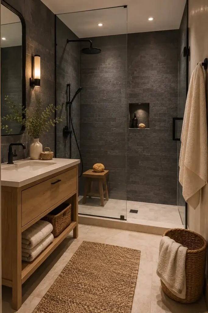 Small charcoal gray bathroom with natural wood walk-in shower