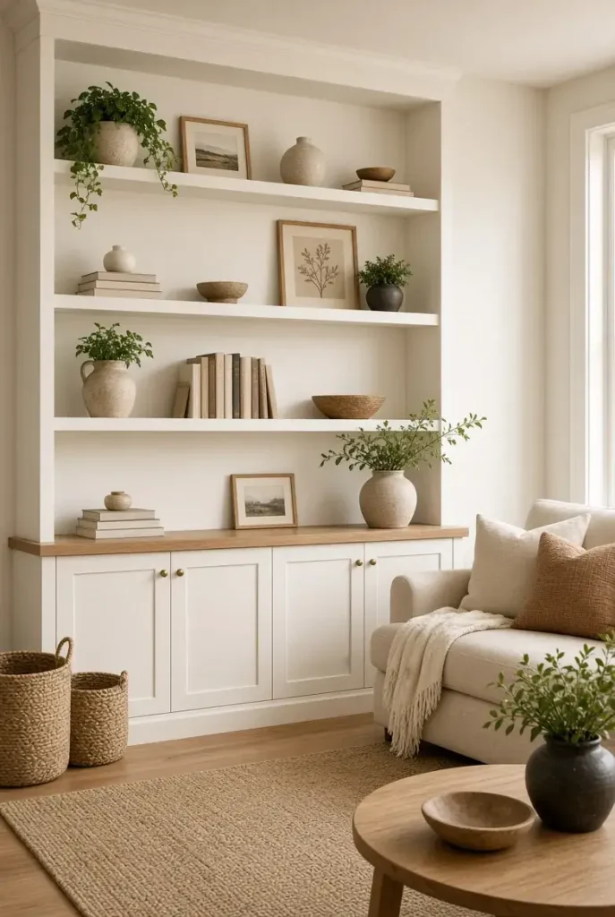 Built in living room shelves combining open displays with closed storage cabinets