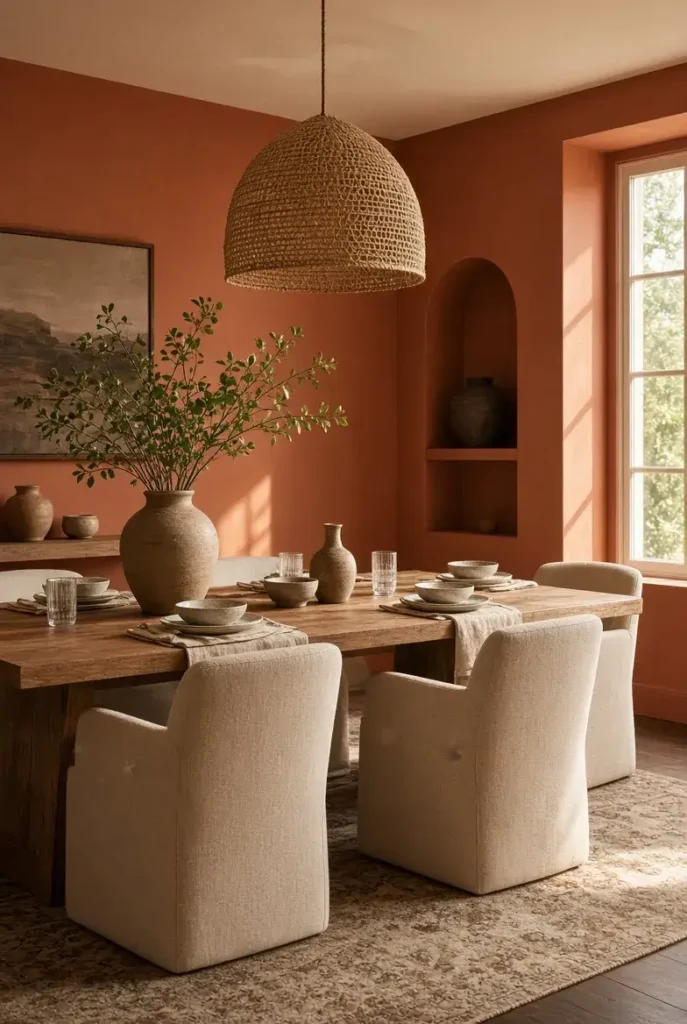 Warm terracotta dining room with natural wood table and woven pendant lighting.