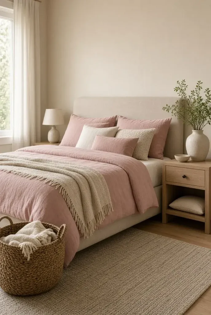 Dusty pink bedding paired with neutral furniture, light wood accents, and a soft cream bedroom palette.