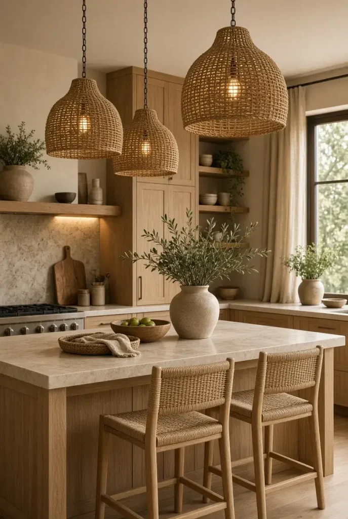 Natural rattan pendant lights above a cozy kitchen island