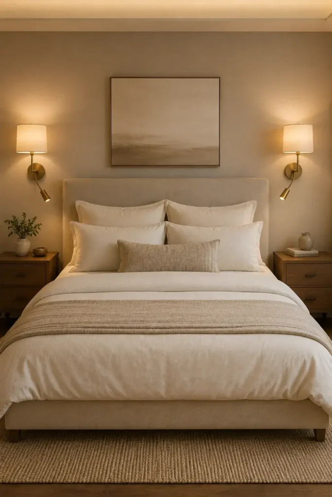 Wall-mounted bedroom lamps above nightstands in a modern bedroom
