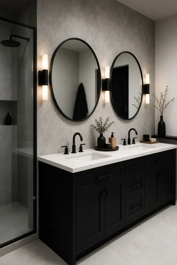 Black and white double sink bathroom with matte black vanity