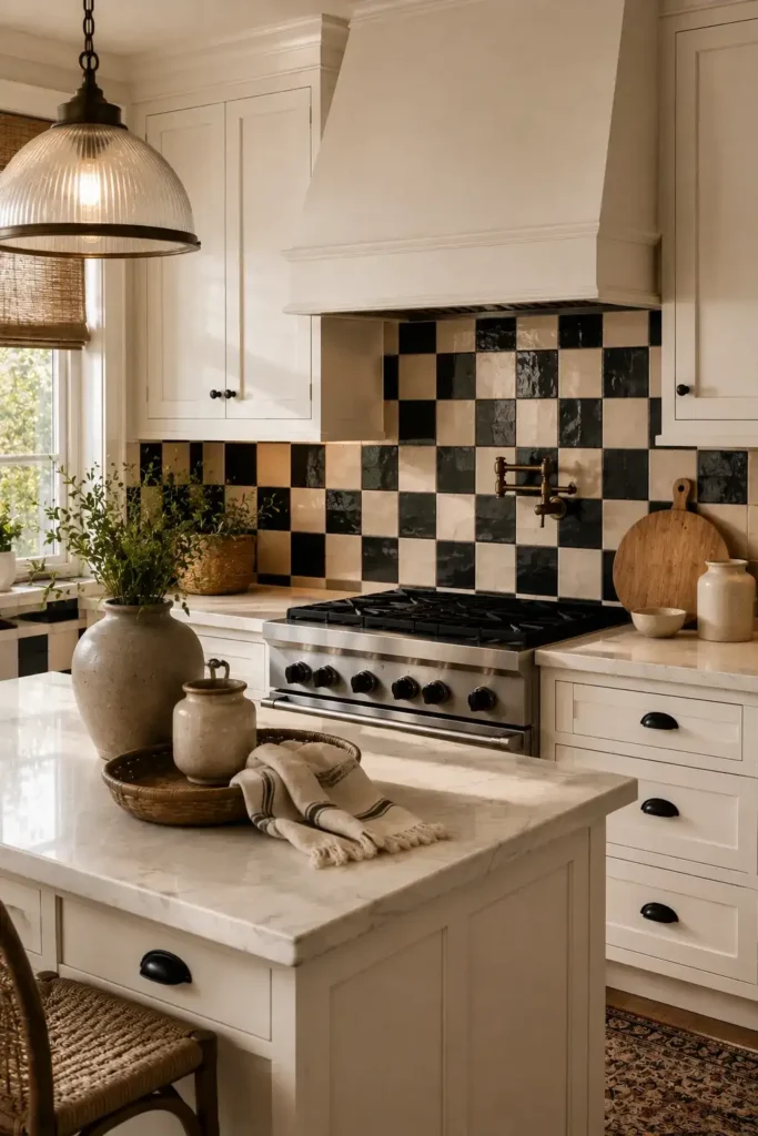 Black and white checkerboard tile backsplash in a stylish modern kitchen