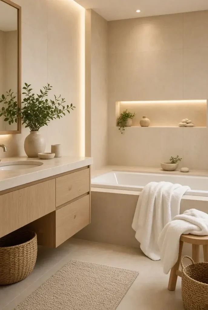 Spa-like primary bathroom with natural textures and greenery