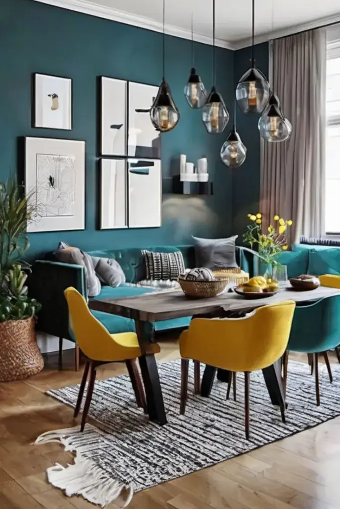 Connected color palette for a cohesive living room dining room combo