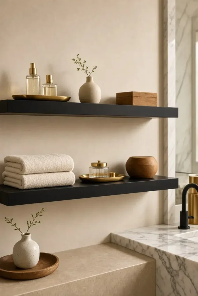 Small black and gold powder room with elegant gold mirror