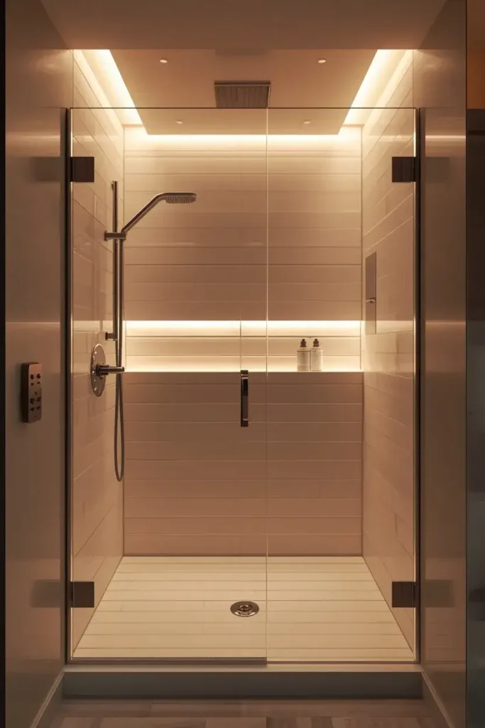 Small shower with soft layered lighting and warm neutral tiles