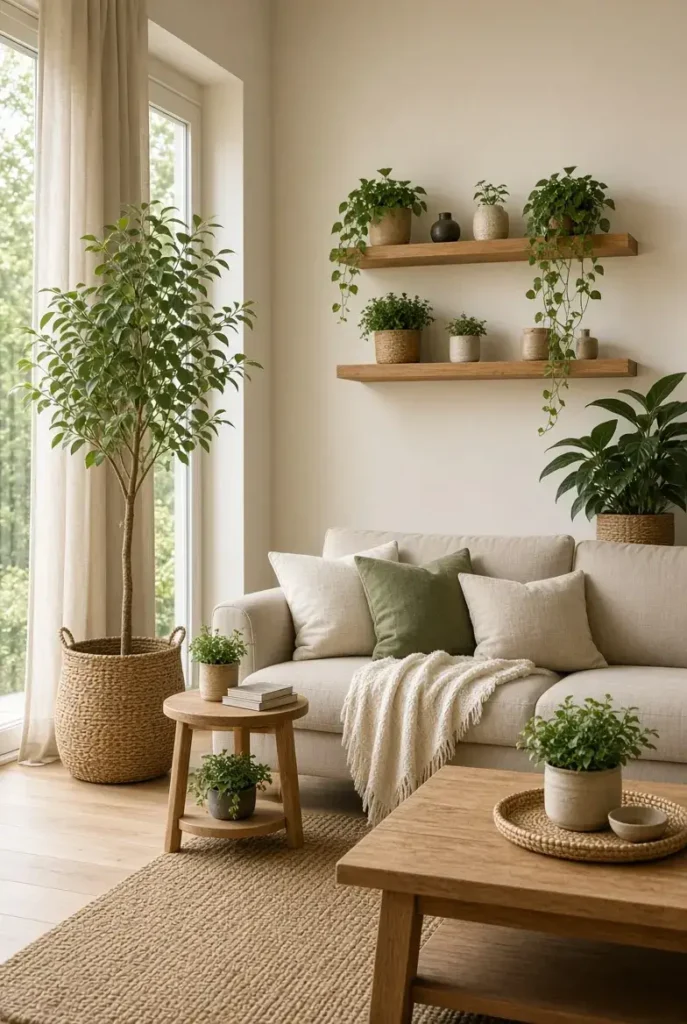 Living room decorated with indoor plants, natural wood furniture, and neutral textiles