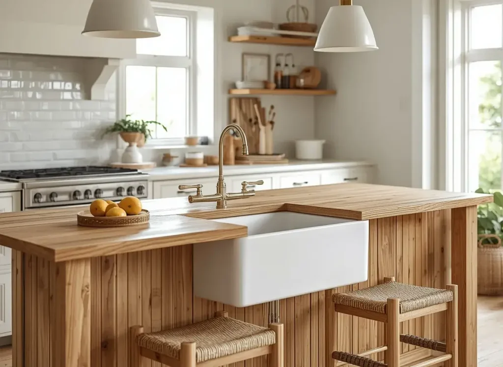 White apron sink paired with a natural wood kitchen island