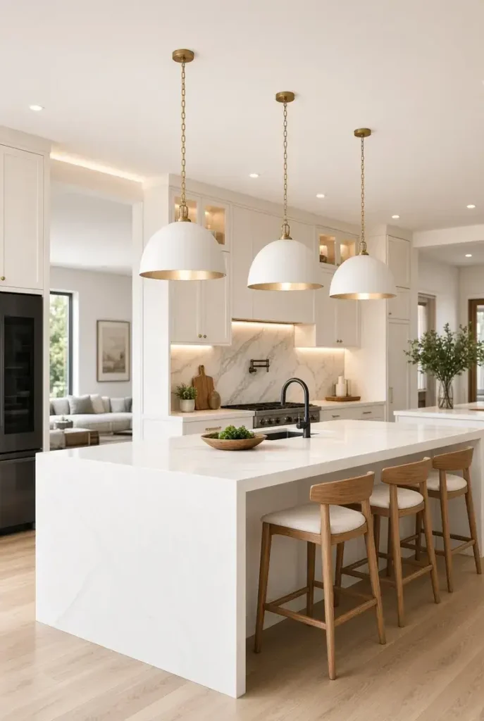 White waterfall kitchen island illuminated by large statement pendant lights.