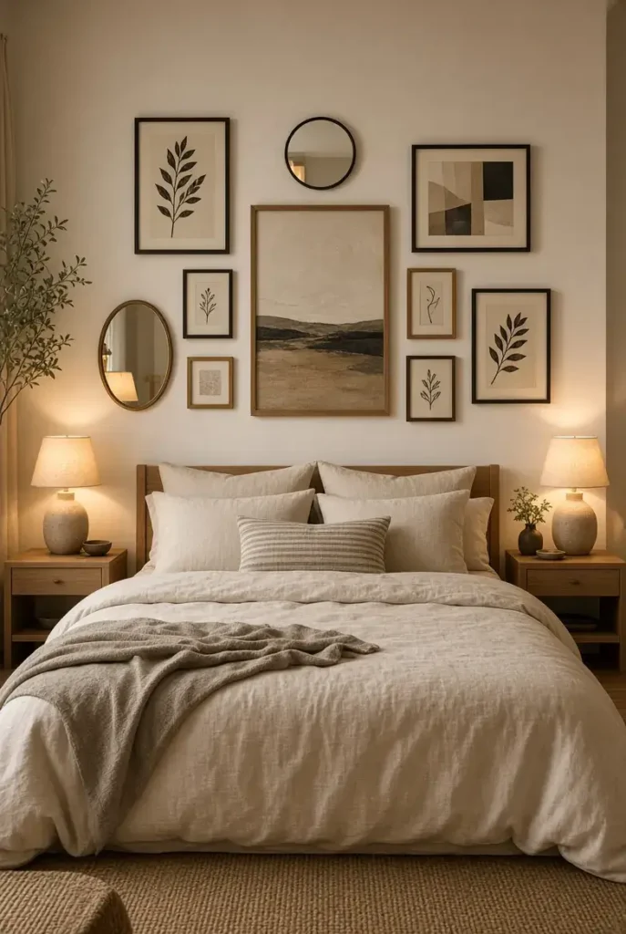 Bedroom gallery wall with botanical prints and mixed frames