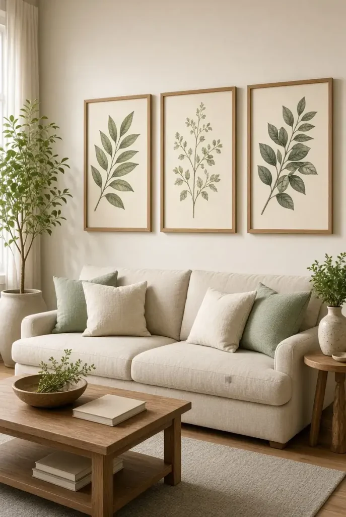Three botanical prints with green leaves displayed above a beige living room sofa.