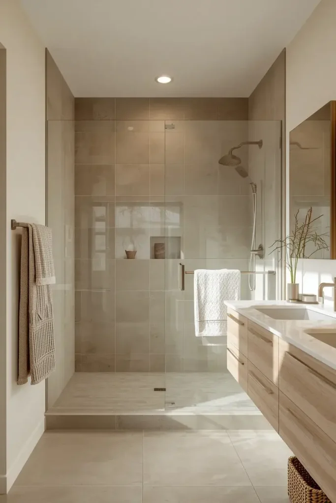 Small charcoal gray bathroom with natural wood walk-in shower