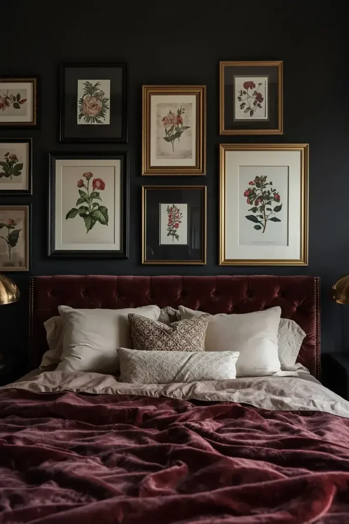 Moody bedroom with a gallery wall of botanical prints and vintage gold frames.