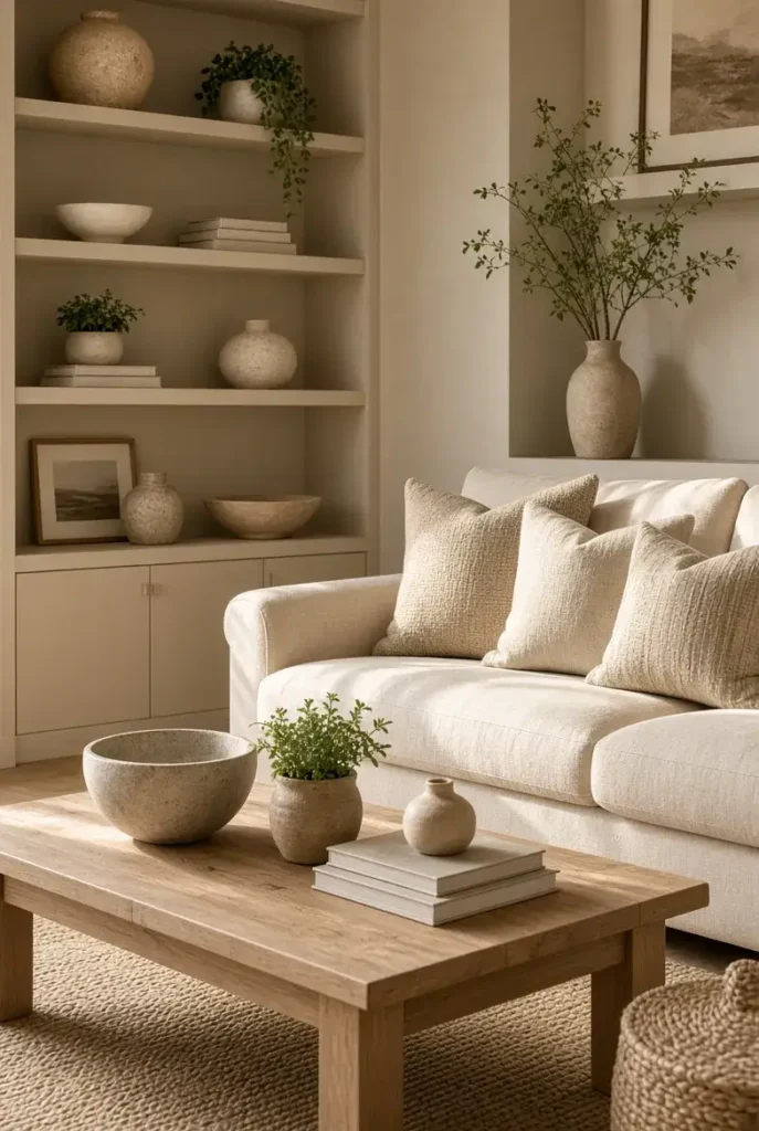 Soft beige built in shelves with neutral decor in a calm cozy living room