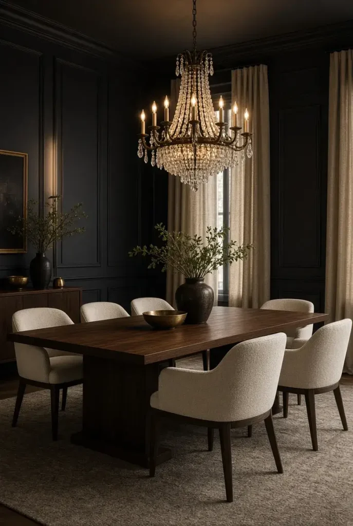 Dramatic charcoal dining room with walnut table, cream chairs, and elegant chandelier.