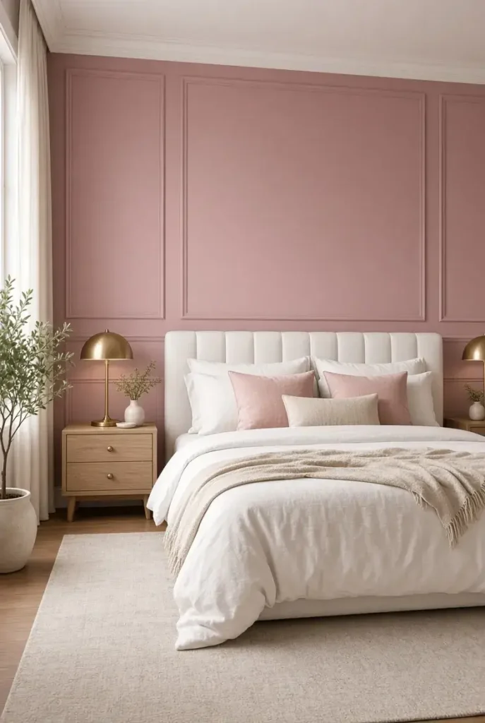 Dusty rose pink accent wall behind a white bed with neutral bedding and warm brass lighting.