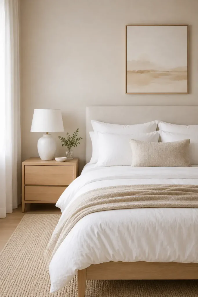 Minimalist white bedroom lamp in a bright neutral bedroom