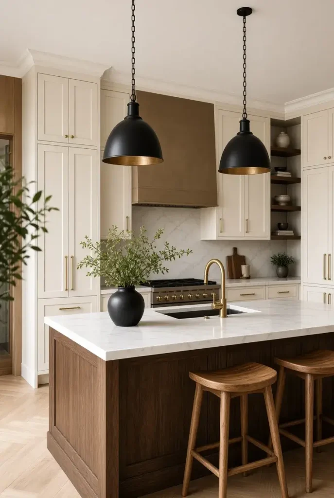Linear pendant light above a long modern kitchen island