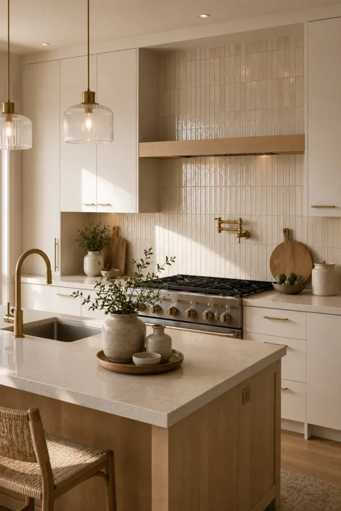 Vertical stacked cream tile backsplash creating a taller look in a modern kitchen
