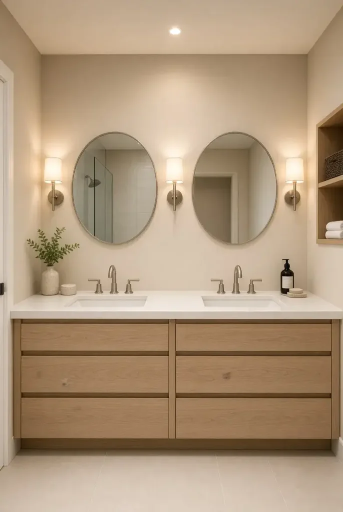 Double vanity bathroom with individual storage drawers