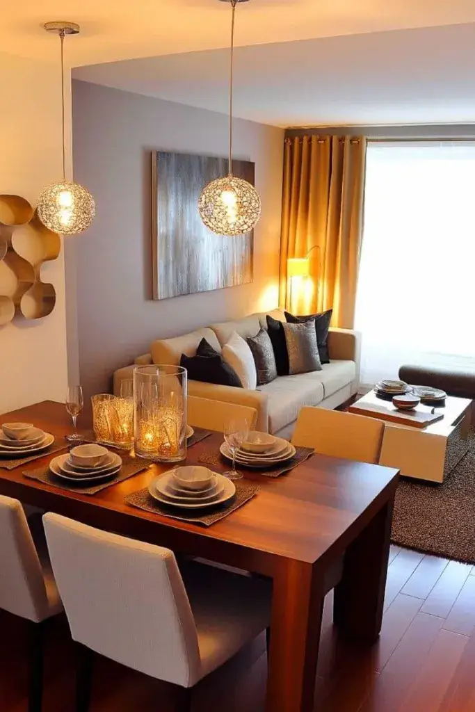 Slim dining table layout for a small living room and dining room combo