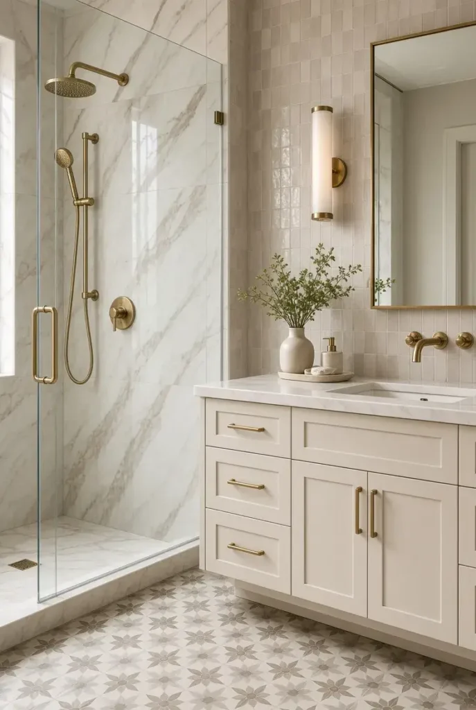 Stylish primary bathroom with statement marble-look tile
