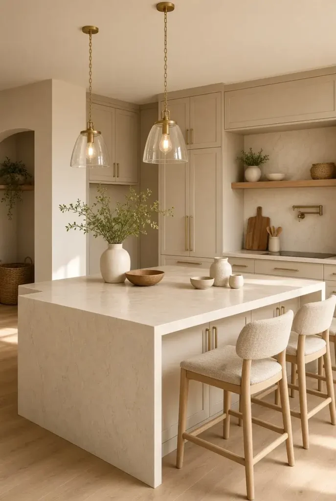 Beige and cream waterfall island kitchen with warm neutral textures.